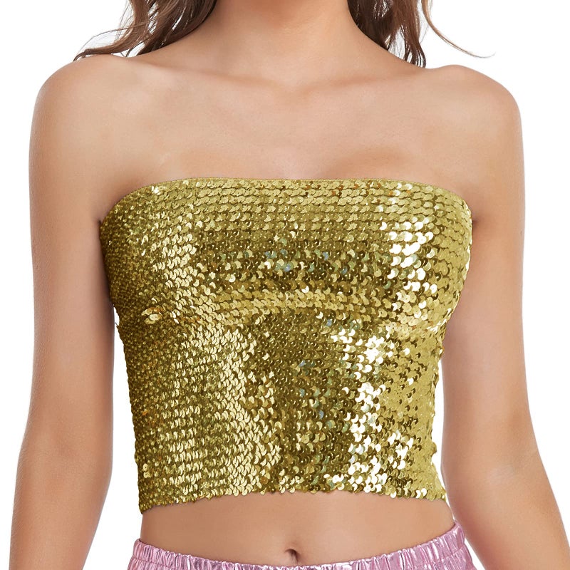 Fenyong Womens Sparkly Sequin Mermaid Crop Tops, Strapless Metallic Tube Tops for Party Clubwear(Gold) - Image 1